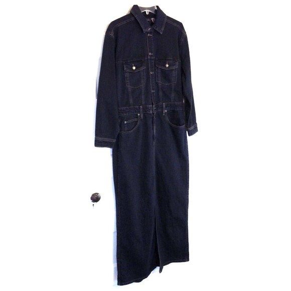Vtg Y2K Denim Jean Maxi Dress Wn 12 Black Long Sleeve Stretch Western Grunge 90s - Picture 2 of 9